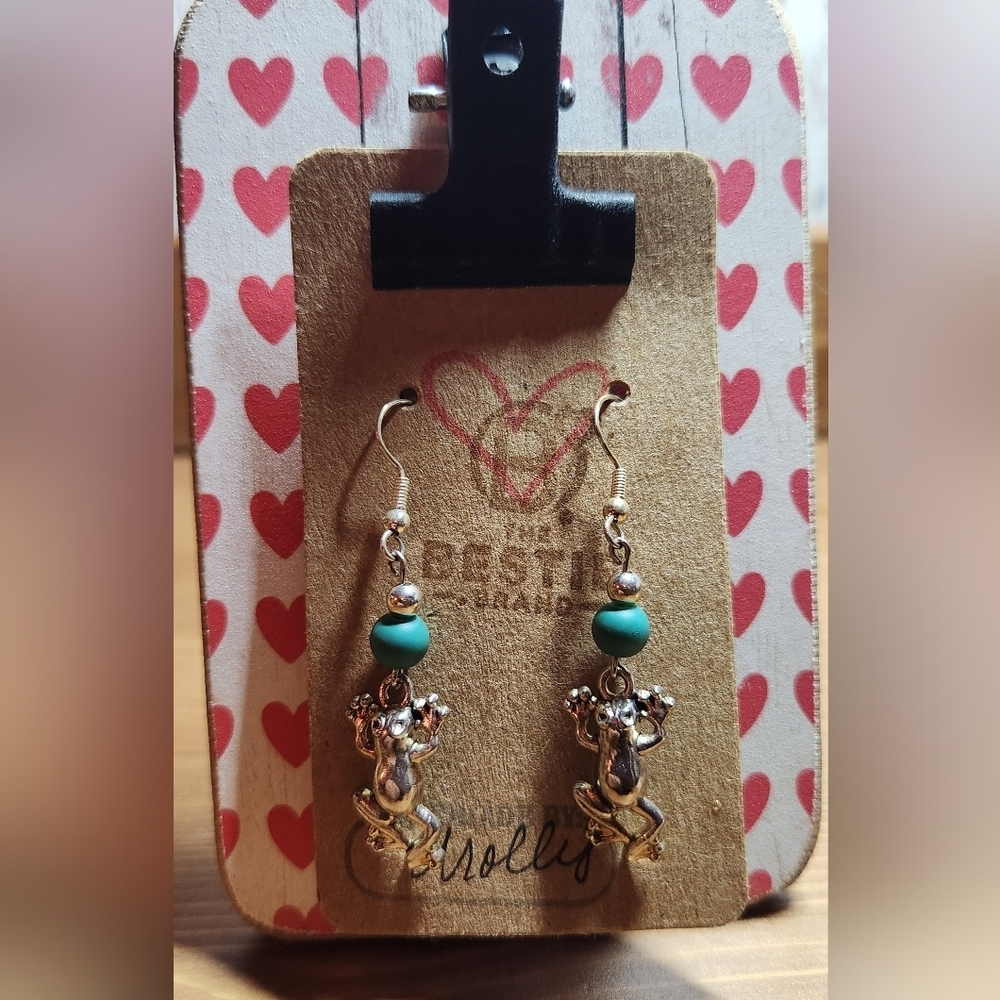 Handmade Silver in Color Frog Charm Dangle Earrings with Teal Bead Accents 🐸